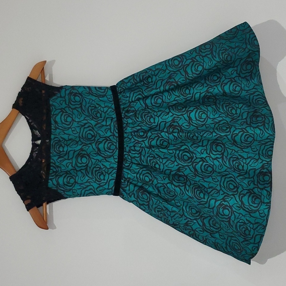 Gymboree Black & Teal Floral w lace & velvet Party special occasion dress size 6